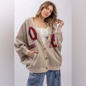 Bluevelvet Love Plaid Patchwork Beige Oversized Cardigan